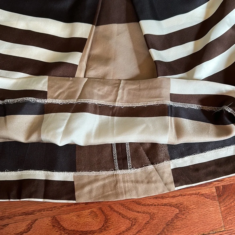 Tory Burch High Neck Neutral Striped Checkered Pleated 100% Silk Modest Size 6